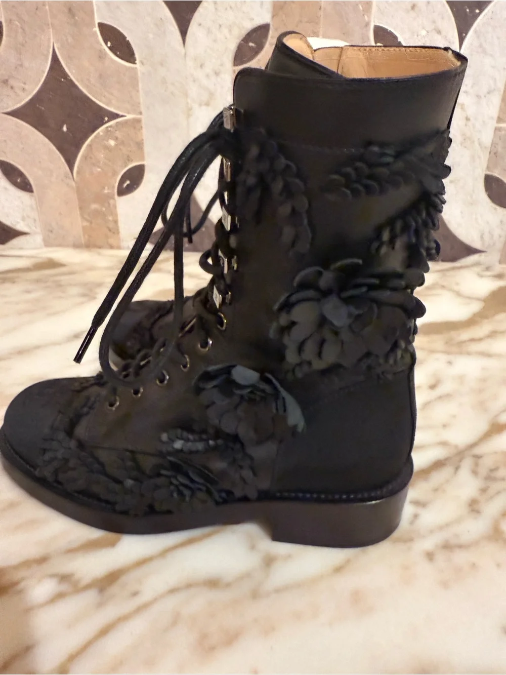 CHANEL Black Leather Lace-Up Floral Combat Boots